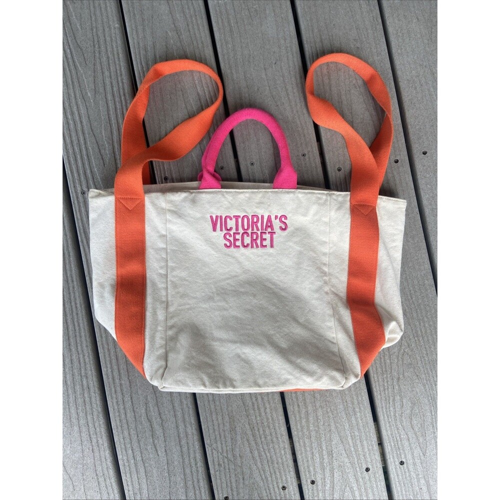 Victoria’s Secret Weekender Cotton Tote Bag Cream Neon Orange Pink Dual Handles